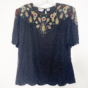 Vintage Jeweled Sequin Beaded Short Sleeve Silk Top Size Large